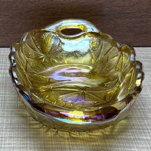 Vtg Retro Sunflower Floral Amber Lustre Glass Candy Dish Relish Condiment - Picture 5 of 10